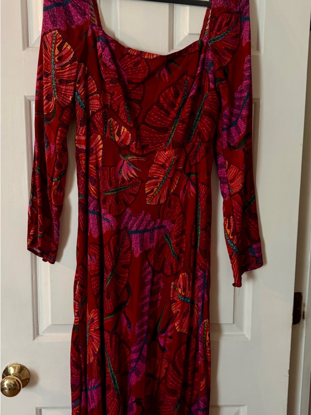 Farm Rio Red Tropical Leaf Long Sleeve Women’s Dress